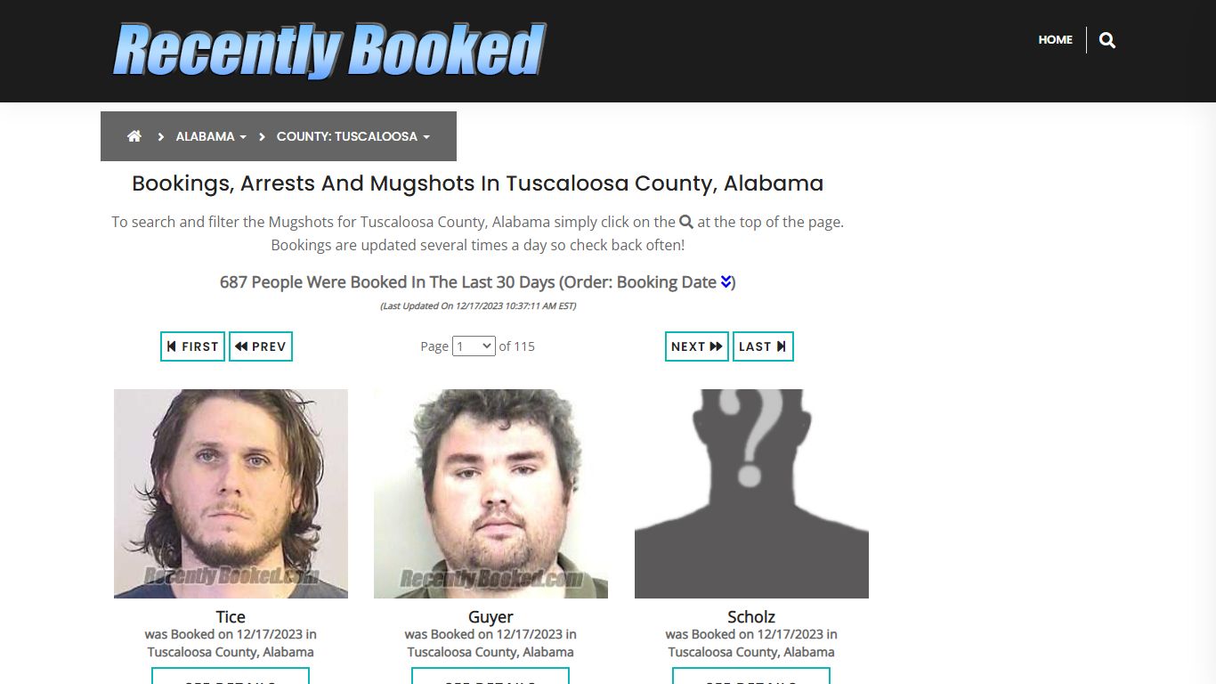 Bookings, Arrests and Mugshots in Tuscaloosa County, Alabama