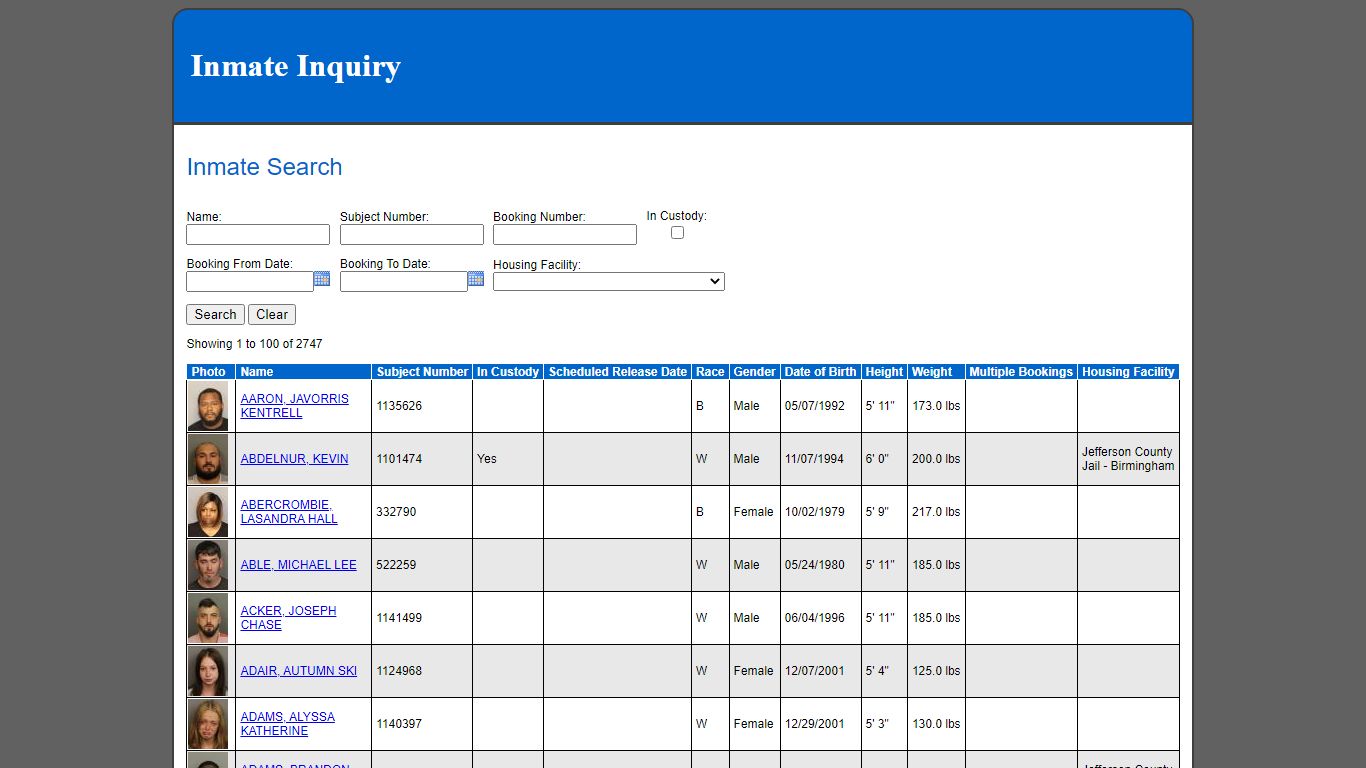 Inmate Search - Jefferson County, Alabama